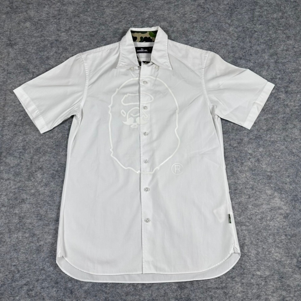 Mr.‎ Bathing Ape Button Up Shirt White Tonal Ape Head Camo Collar Mens Small